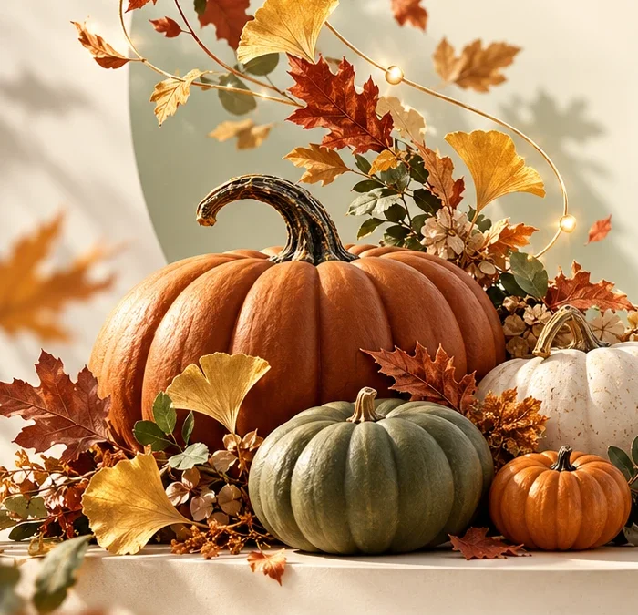 Herbstliche Kürbisse und Laub